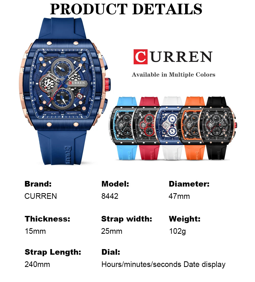 CURREN Orologi da uomo delle migliori marche Orologio da polso al quarzo quadrato di lusso Orologio cronografo luminoso impermeabile per uomo Orologio con data