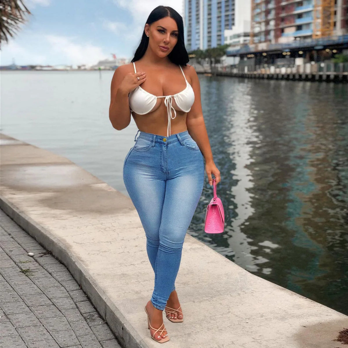 Jeans a Vita Alta da Donna 2026, Pantaloni Skinny Elasticizzati con Tasche, Effetto Consumato e Lavato, Lunghezza alla Caviglia, Stile Streetwear