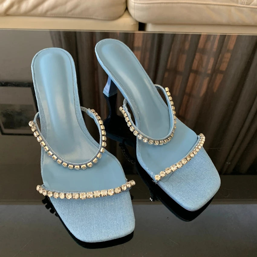 Denim blu strass tacchi alti donna muli Peep Toe moda pantofole Casual diapositive signore sandali con tacco scarpe estive