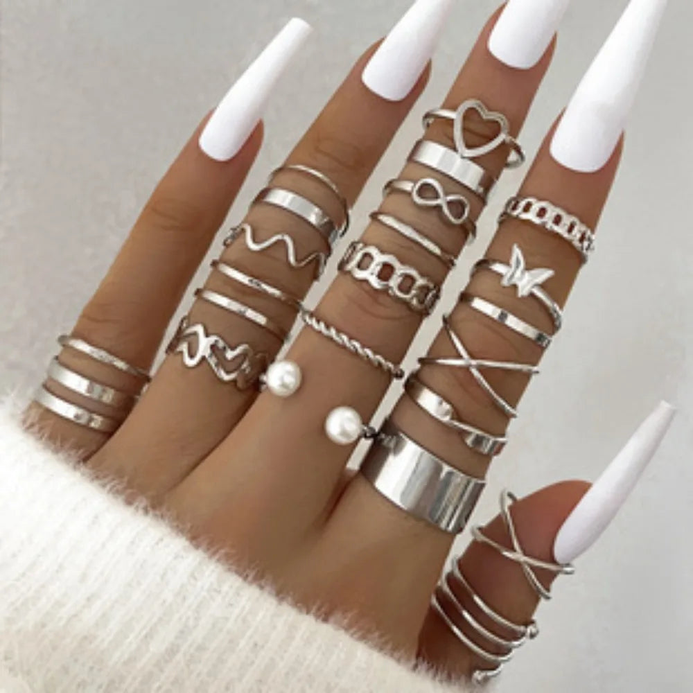 30 pezzi Set tendenza di lusso color oro geometrico a forma di 8 zirconi imitazione anelli di perle per le donne set di gioielli con ciondoli multi-pezzo