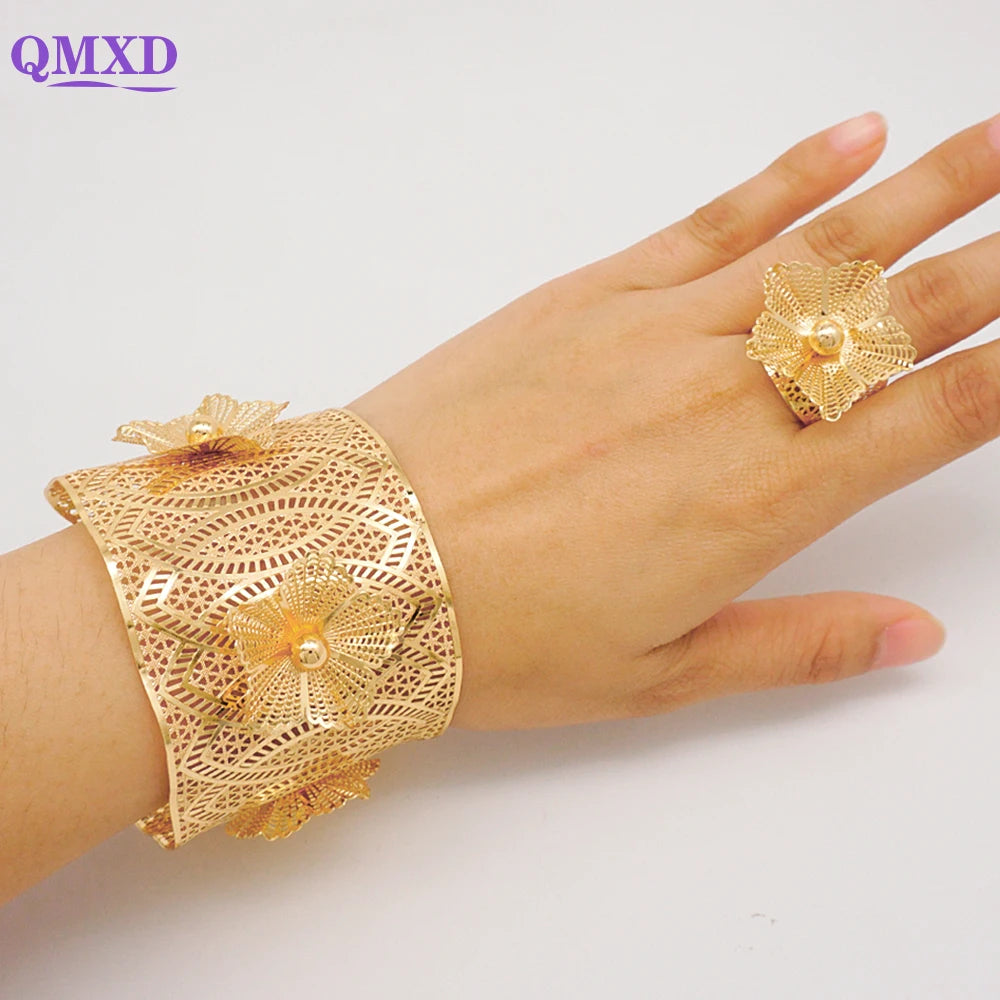 Bracciale color oro Dubai con anello per donna Bracciale con polsino a catena con ciondoli Bracciale indiano Arabo Francia Regali di gioielli da sposa