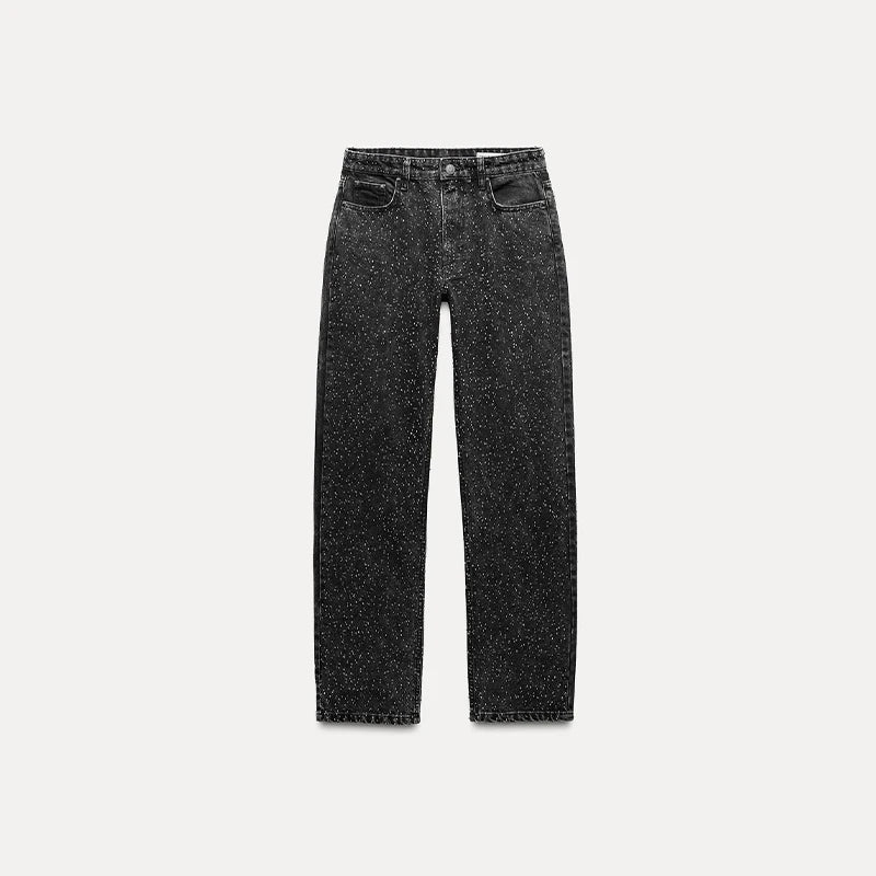 Pantaloni da donna in denim con diamanti chic Tasche a vita media con glitter alla moda Jeans femminili 2025 Pantaloni lunghi da donna di High Street primavera estate