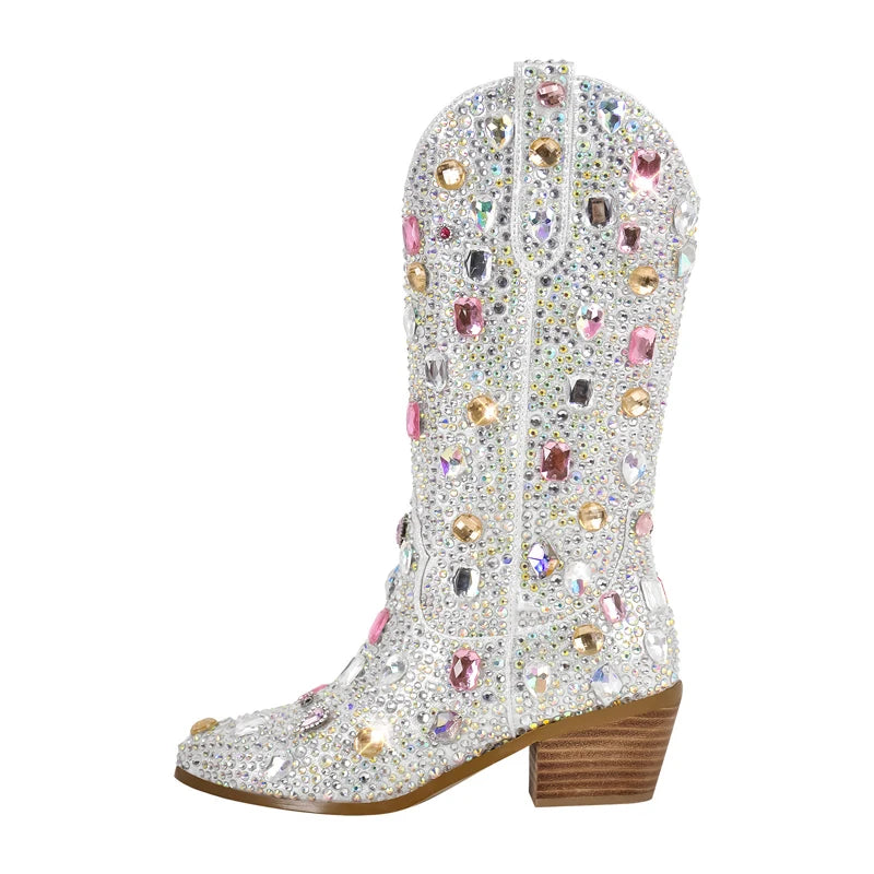Stivaletti da Donna Stile Western con Strass e Gemme, Punta Rotonda, Neri e Blu, Stivali alla Moda con Cristalli
