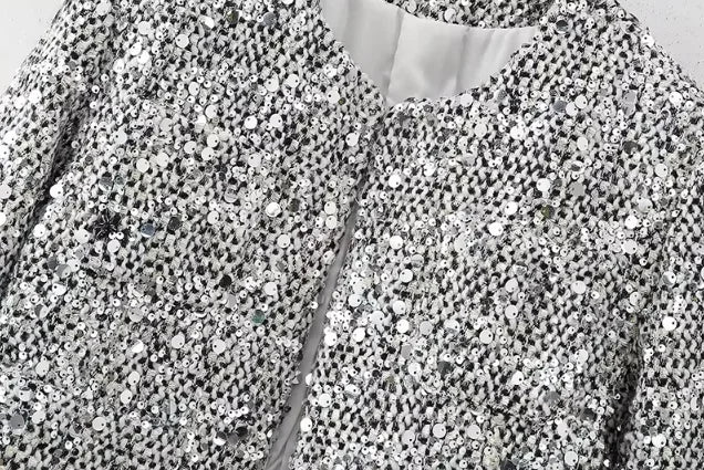 Giacca Corta da Donna Chic con Paillettes Argento, Cardigan Casual con Collo Tondo, Maniche Lunghe e Tasche, Elegante Cappotto Autunnale da Donna