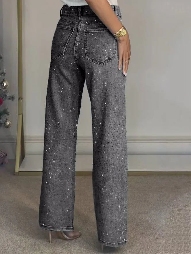 Pantaloni jeans con strass lucidi Pantaloni dritti in denim con diamanti da donna sexy a vita alta eleganti da night club