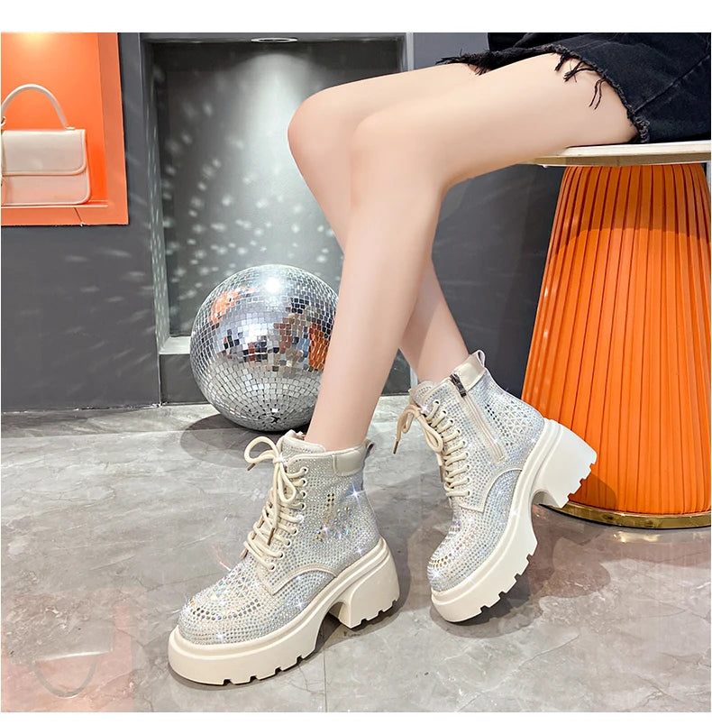 Stivaletti corti con diamanti con paillettes Donna Autunno Inverno Moda di lusso Stivali alti con tacco spesso Stivali stringati Scarpe casual da festa all'aperto