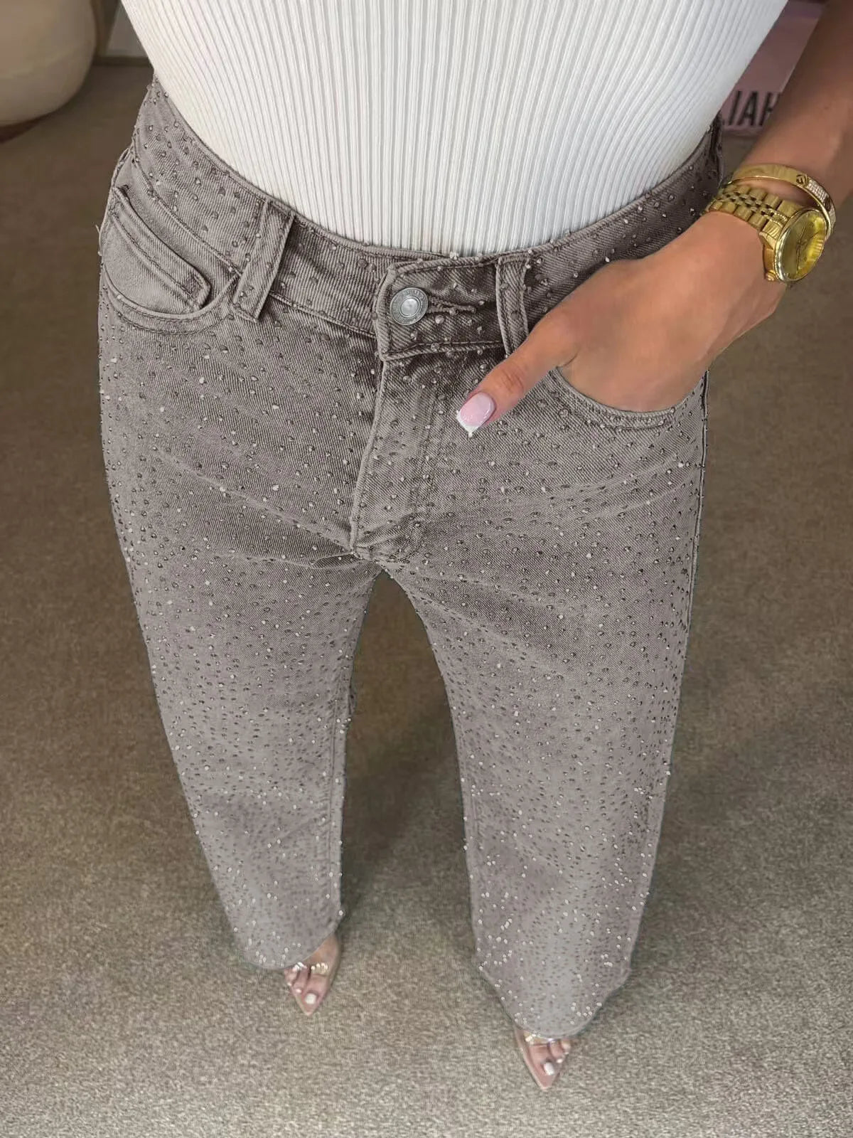 Jeans da Donna a Vita Alta con Strass, Gamba Larga, Lavaggio Chiaro, Pantaloni in Denim Scintillanti a Gamba Dritta