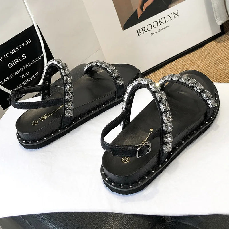 sandali con plateau con fascia in strass donna fondo spesso piatto estivo sandali gladiatore mujer perline di cristallo sandali femininas 2025