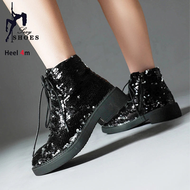 Donna Autunno Inverno Stivaletti 2024 Tendenza Comfort Casual Hip-Hop Scarpe da ballo con paillettes Club Party Donna Stivaletti stringati