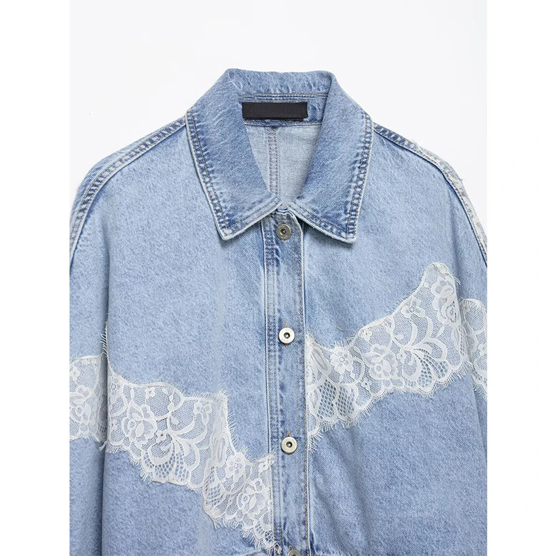 YENKYE Nuova Giacca in Denim Corta da Donna 2026 Blu Chiaro con Inserti in Pizzo, Bottoni Frontali, Maniche Lunghe, Vestibilità Ampia, Stile Streetwear