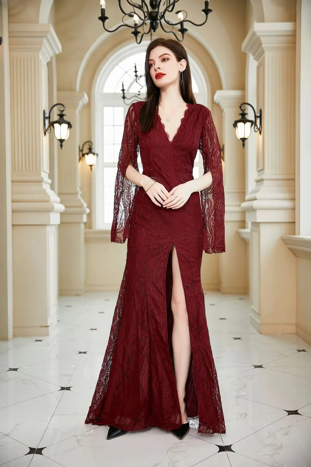 Abito in Pizzo da Donna Primavera Estate, Vestito da Damigella d'Onore, Abito da Sera per Ospiti di Matrimonio, Manica Lunga, Scollo a V, Aderente, Bordeaux