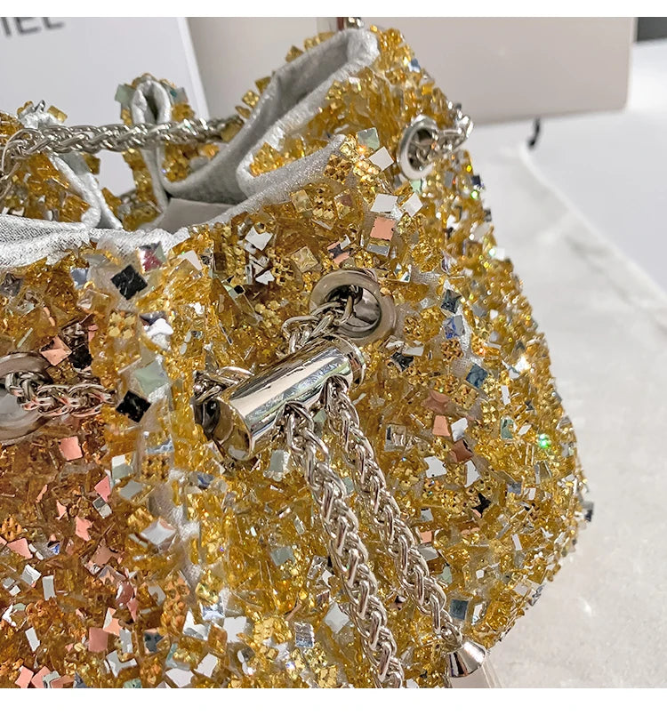 Borsa a mano da donna di lusso in metallo con paillettes scintillanti, pochette da sera, borsa a secchiello per feste di matrimonio, borsa a tracolla messenger