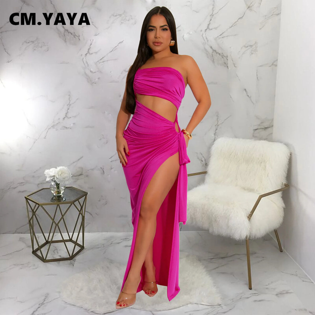 CM.YAYA Donne Senza Maniche Scava Fuori Senza Spalline Aderente Midi Lungo Maxi Vestito 2025 Estate Backless Abiti Da Festa Sexy Abiti