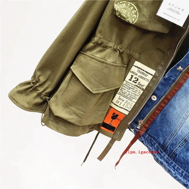 Cappotto giacca di jeans patchwork a contrasto di colore donna autunno moda lettera allentata stampa capispalla Chaquetas Mujer giacca di jeans femminile