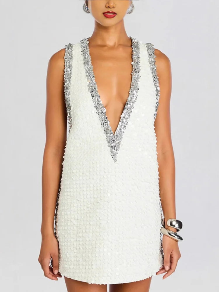Abito sexy con gilet con paillettes Abito da donna con spalle scoperte senza maniche con scollo a V profondo Mini abiti trasparenti 2026 Abito da sera da donna