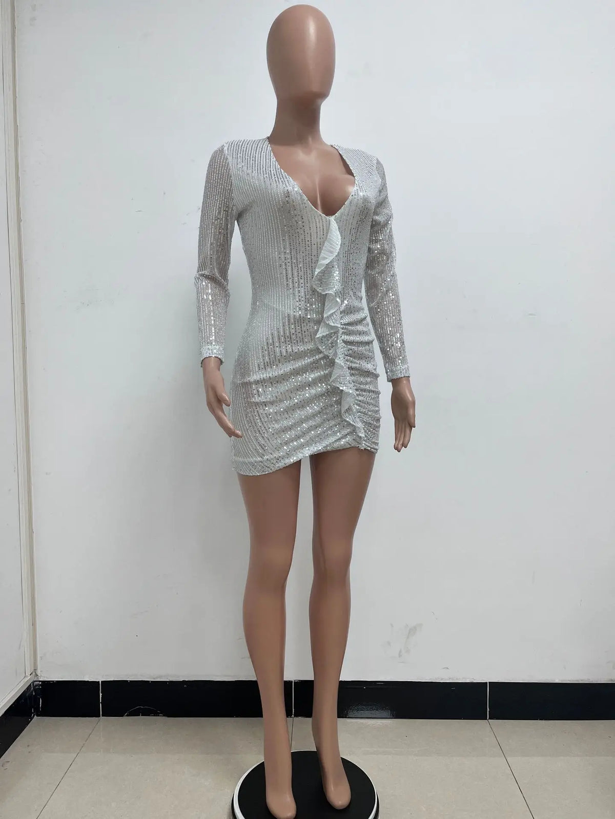 Gonna da donna con paillettes a maniche lunghe con scollo a V profondo Temperamento Abito aderente con bordo arricciato a pieghe Abito estivo da donna