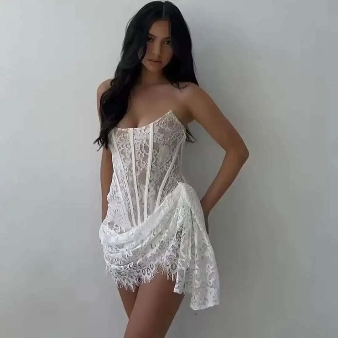 Abito Sexy Senza Spalline in Pizzo con Stecche, Vestito Mini con Schiena Scoperta e Spalle Scoperte, Patchwork Plissettato, Outfit da Sera per Signora 2026