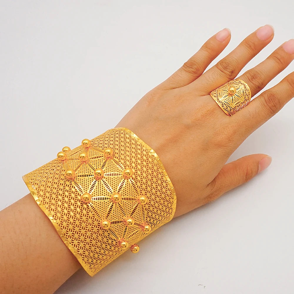 Bracciale color oro Dubai con anello per donna Bracciale con polsino a catena con ciondoli Bracciale indiano Arabo Francia Regali di gioielli da sposa