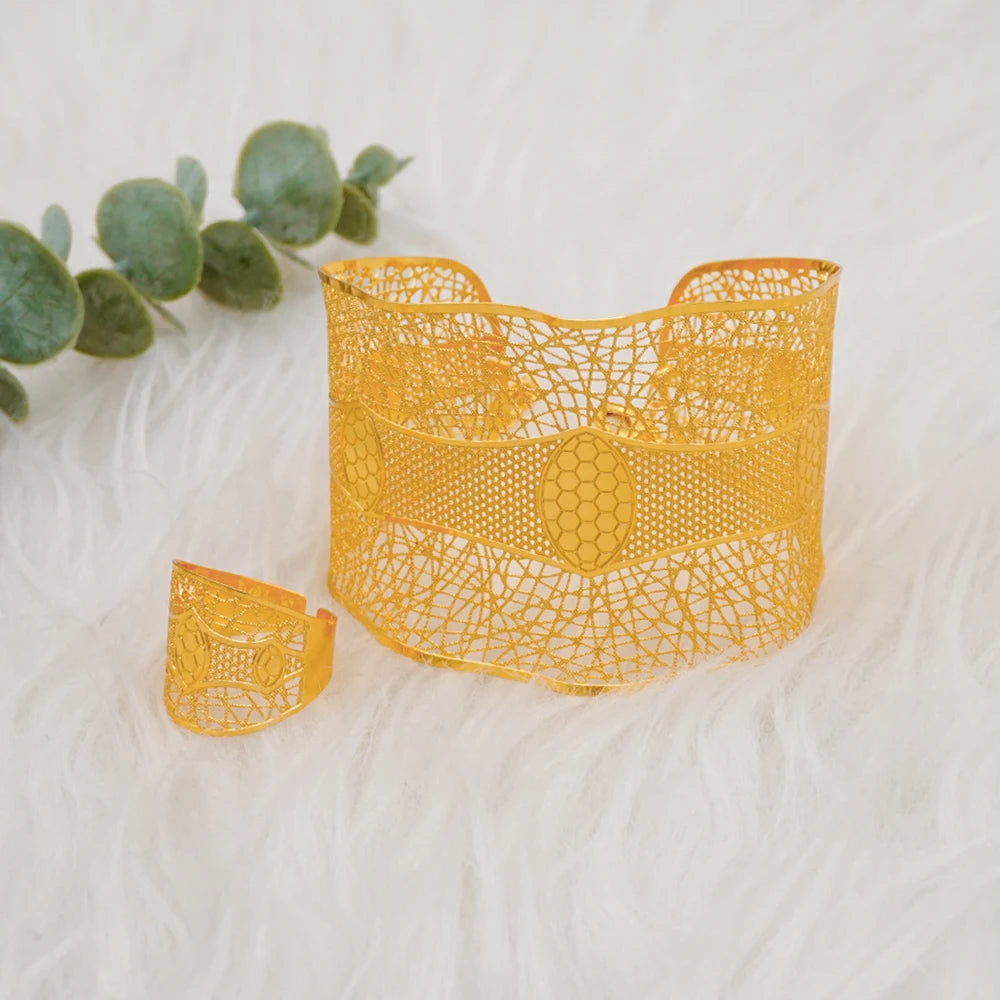 Bracciale color oro Dubai con anello per donna Bracciale con polsino a catena con ciondoli Bracciale indiano Arabo Francia Regali di gioielli da sposa
