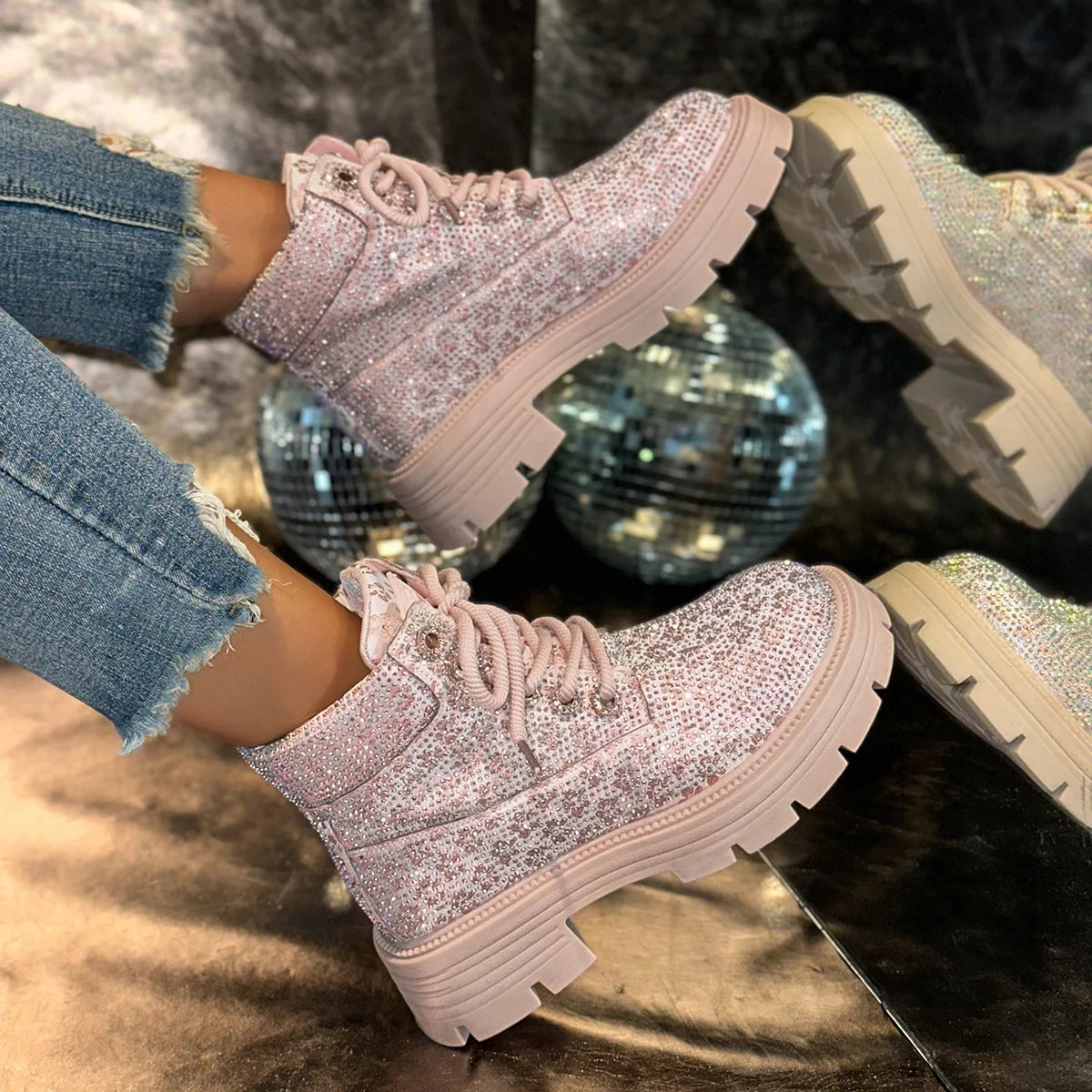 Stivaletti Retrò Autunno Inverno Nuovi con Strass e Lacci Punta Tonda Plateau Scarpe da Donna Taglie Grandi