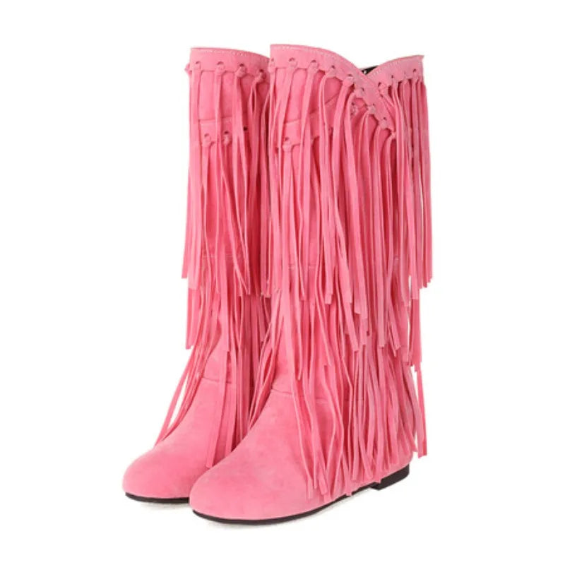 2025 Nuovi stivali alti Donna Bohemian Flock Nappa Stivali a metà polpaccio Stivaletti con zeppa Autunno Inverno Scarpe casual etniche zapatos de mujer
