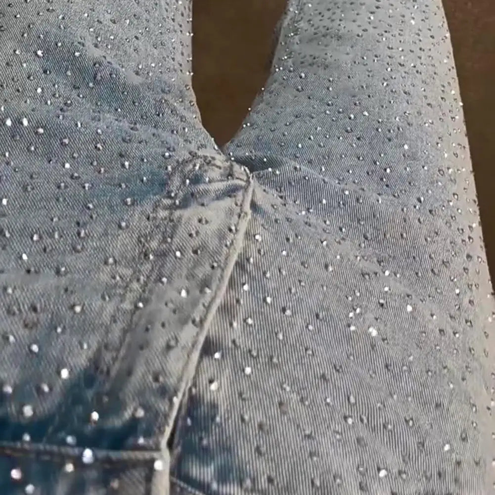 Jeans con perle finte per donna Pantaloni in denim elasticizzato a gamba dritta a vita alta Pantaloni larghi con perline a gamba larga casual Moda streetwear
