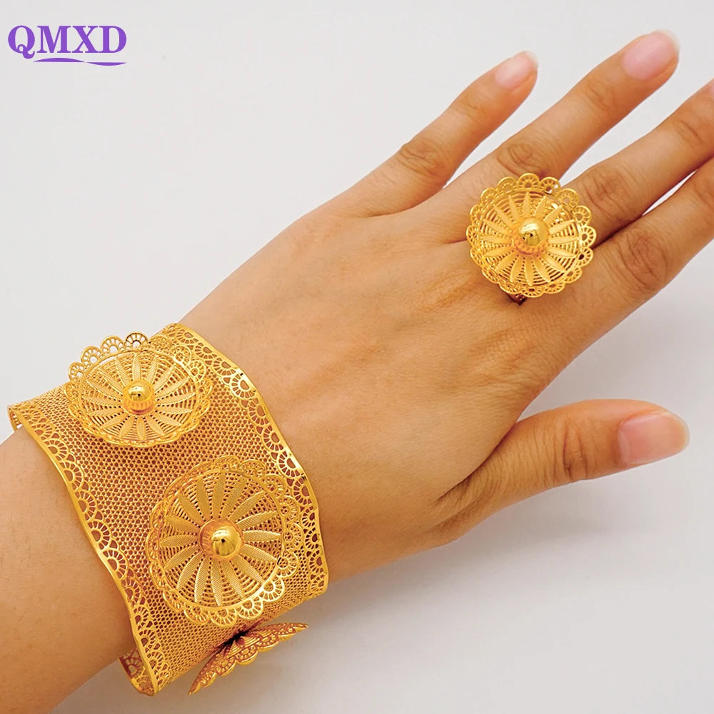 Bracciale color oro Dubai con anello per donna Bracciale con polsino a catena con ciondoli Bracciale indiano Arabo Francia Regali di gioielli da sposa