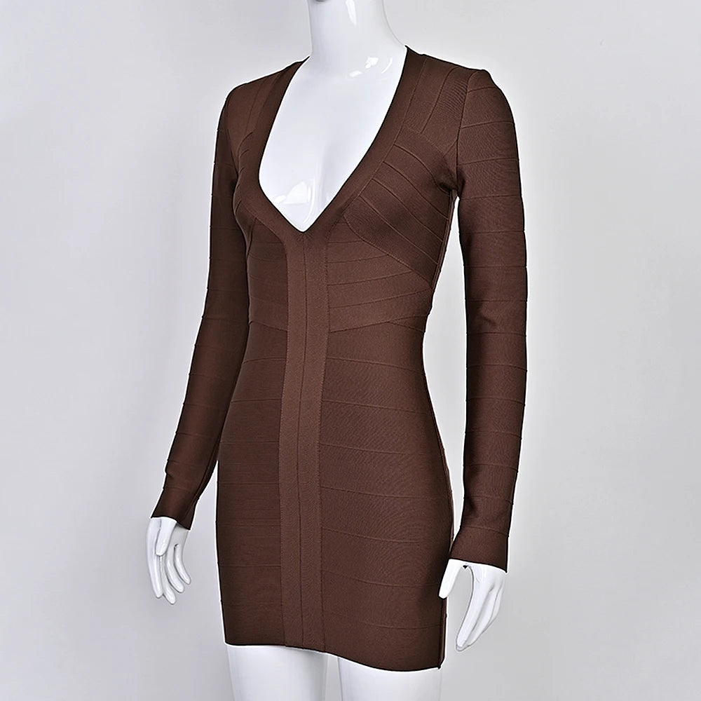 BEAUKEY Abito da Sera Sexy Mini con Scollo a V Profondo e Maniche Lunghe Beige, Vestito da Festa con Fasce, Abito da Clubwear Lungo Stile Runway