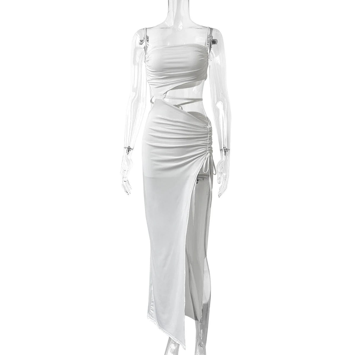Abito lungo da donna con colletto obliquo, vita scolpita, spacco alto, aderente, estivo, sexy, elegante, casual, da spiaggia, da festa, a tinta unita.