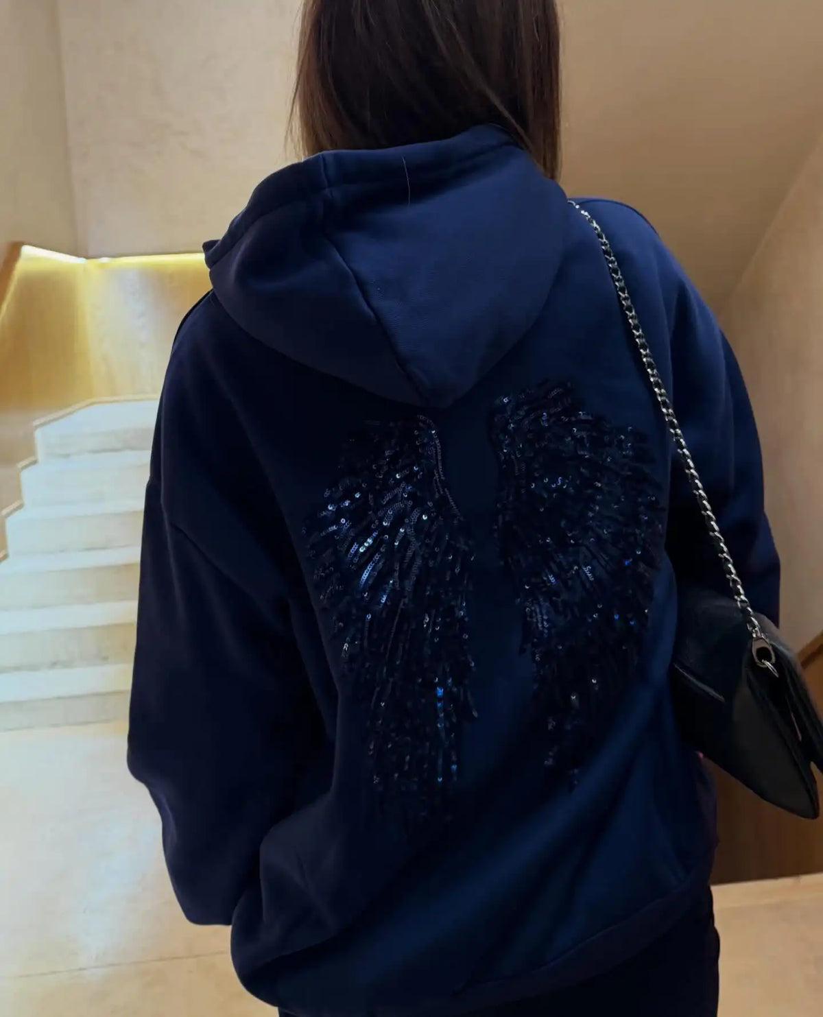 Felpa con cappuccio ricamata con ali con paillettes gotiche Pullover a maniche lunghe larghi oversize da donna Felpe Y2k slim retrò Top vestiti