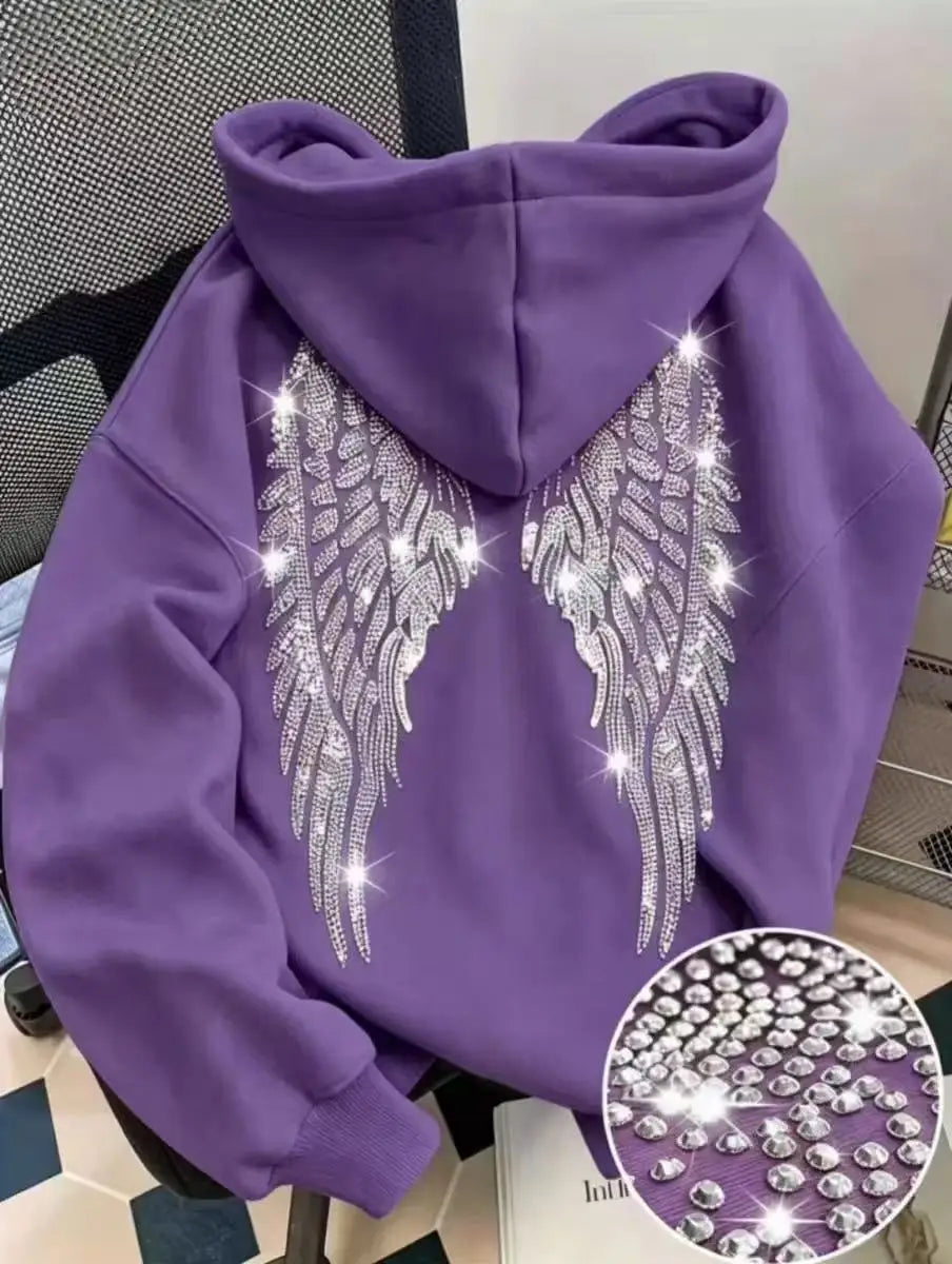 Felpa con cappuccio casual e ampio, design minimalista di tendenza 2026 con ali e strass, giacca pullover
