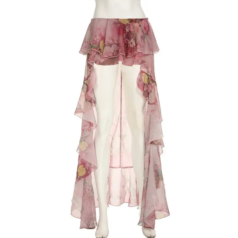 Gonna da donna rosa floreale con volant asimmetrici, sexy, con orlo asimmetrico, chic, trasparente, plissettata, a trapezio, 2026, stile bohémien da spiaggia