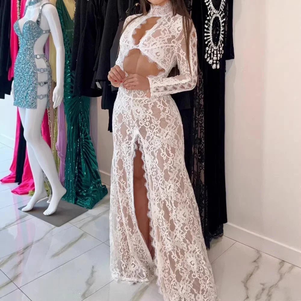 Huhugirl Abiti lunghi da donna in pizzo, traforati, tinta unita, sexy, a maniche lunghe, con spacco, alla moda, con colletto rialzato, stile street, casual da donna