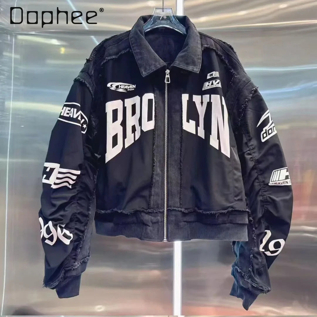 Giacca Corta da Moto Stile Europeo da Donna, Nuova Collezione Primavera 2026, Nera con Stampa Numeri e Lettere, Vestibilità Ampia, Giacca Trendy di Marca
