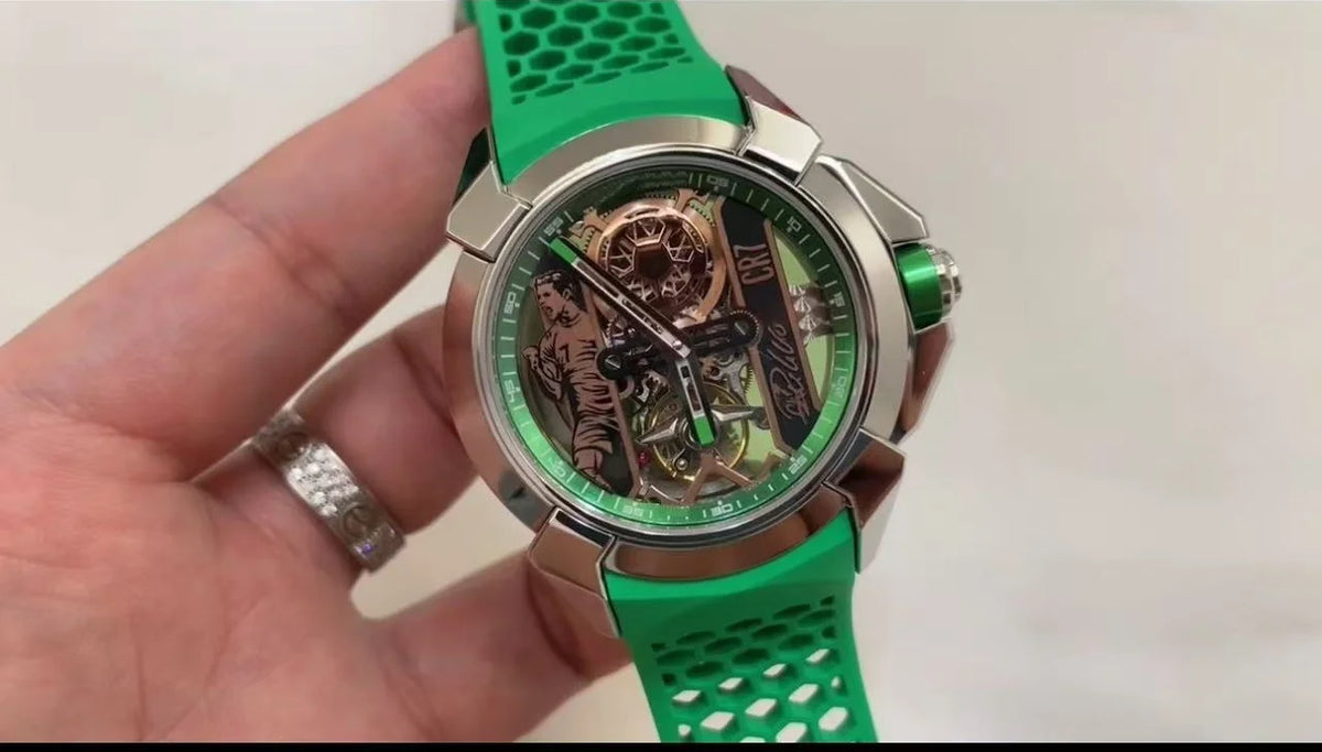 Orologio Meccanico Automatico Sportivo con Quadrante Scheletrato, Ghiera Verde e Cinturino in Silicone