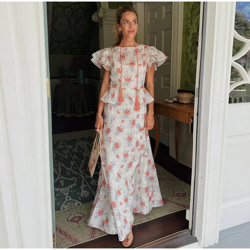 Completo coordinato gonna midi e top con volant stampato da donna, estivo, floreale, a maniche corte, girocollo, gonna a trapezio, due pezzi, novità 2026 per le vacanze
