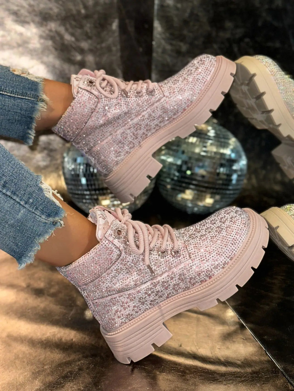 Stivaletti Retrò Autunno Inverno Nuovi con Strass e Lacci Punta Tonda Plateau Scarpe da Donna Taglie Grandi
