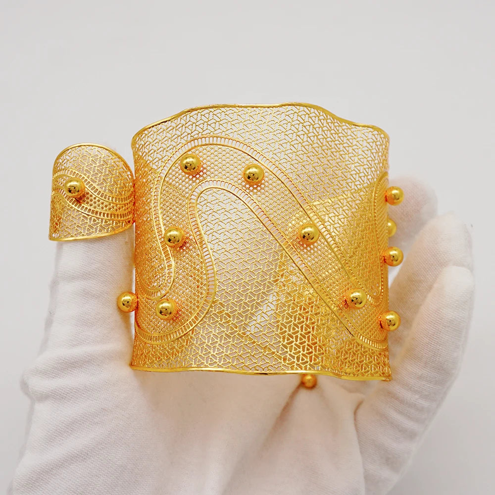Bracciale color oro Dubai con anello per donna Bracciale con polsino a catena con ciondoli Bracciale indiano Arabo Francia Regali di gioielli da sposa