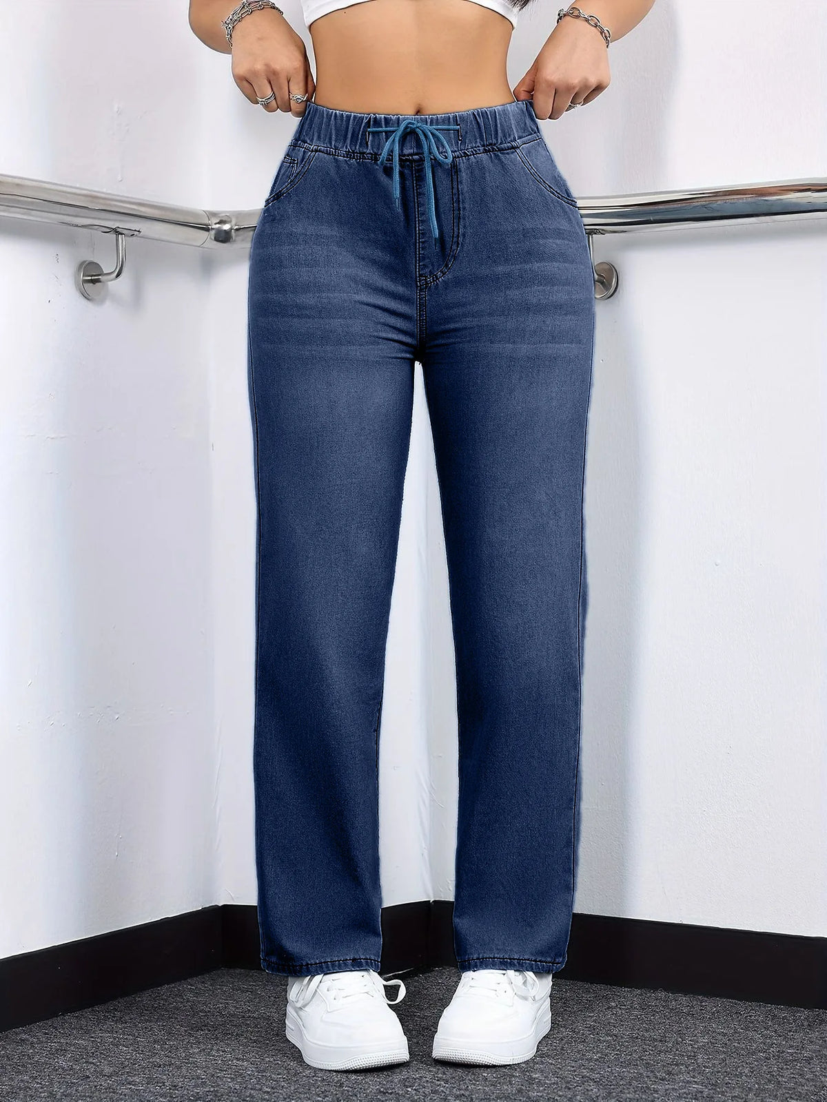 Jeans da donna di lusso alla moda 2026, casual, lavati, con coulisse, elasticizzati, a gamba dritta, stile Y2K streetwear, abbinabili a tutti gli outfit quotidiani