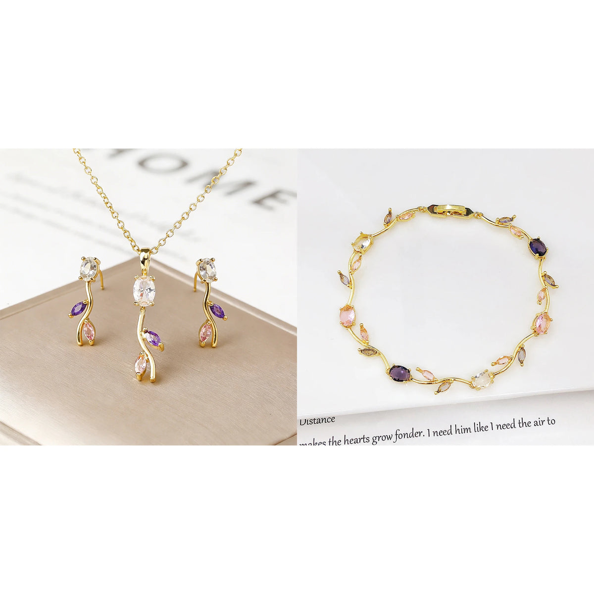 Set di Gioielli 3 Pezzi Lussuoso con Bracciale, Collana e Orecchini a Foglia, Vite e Fiore in Cristallo e Strass, Colorato e di Tendenza, per Donna, Regalo per Feste