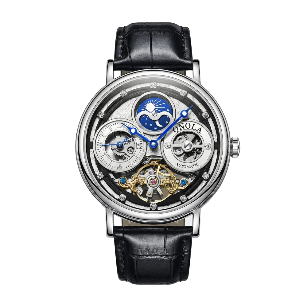 Orologio Meccanico da Uomo ONOLA, Cassa Rotonda, Quadranti Multipli, Quadrante Cavo con Fasi Lunari Giorno Notte, Regalo per Lui