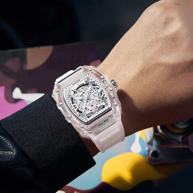 UTHAI BK134 Orologio da Uomo alla Moda a Forma di Botte Trasparente Impermeabile al Quarzo Orologio Sportivo Regalo per Uomo