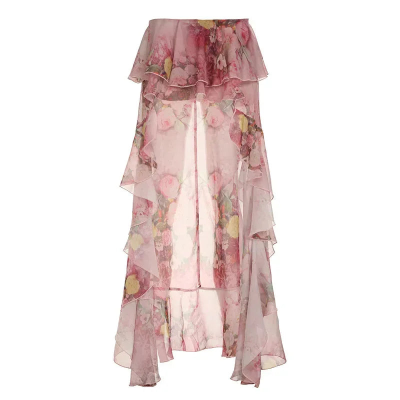 Gonna da donna rosa floreale con volant asimmetrici, sexy, con orlo asimmetrico, chic, trasparente, plissettata, a trapezio, 2026, stile bohémien da spiaggia