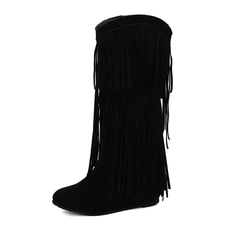 Ochanmeb stivali con frange Western rosso vino per donna stivali con tacco rialzato giallo nappe nere senza Zip scarpe da donna calde e larghe al polpaccio