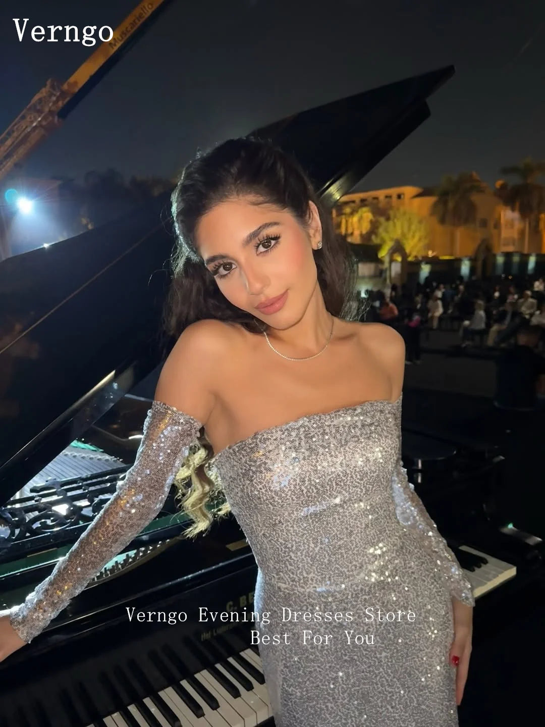Verngo Abito da sera con paillettes lucide in nastro Guanti da sirena sexy senza spalline Abito da cerimonia formale Maxi abiti da ballo personalizzati
