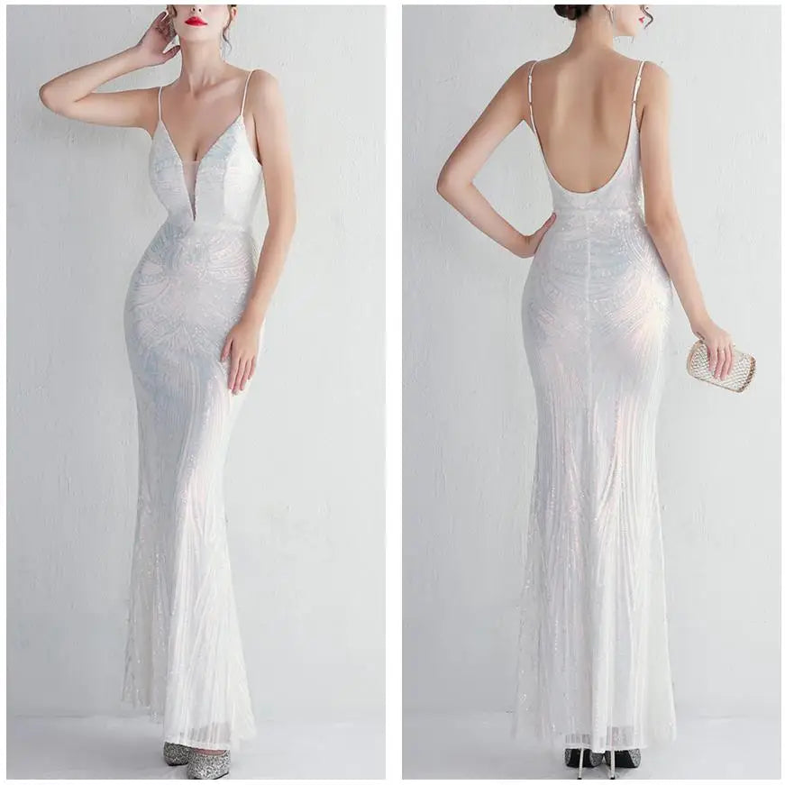 Abito da sera lungo nero semplice con paillettes, modello a sirena, spalline sottili, scollo a V, senza schienale, elegante per feste