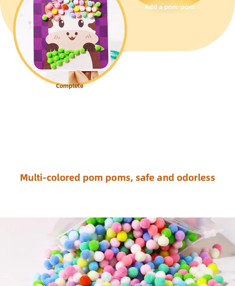 Handmade Material Children's Sticker Book Educational Early Learning Animal Pompom Art Kit Cartoon Montessori Pompom Crafts Toy