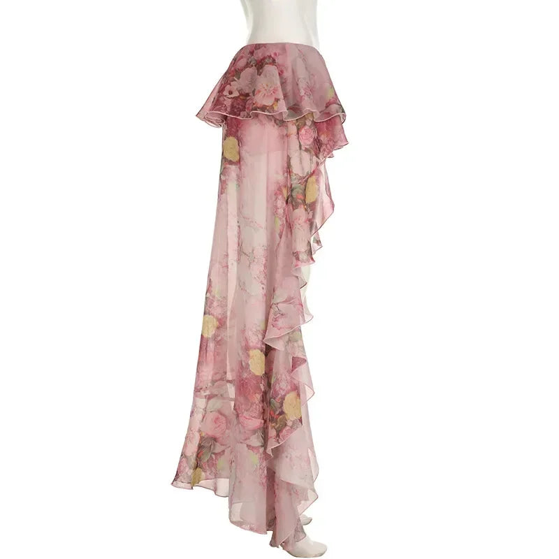 Gonna da donna rosa floreale con volant asimmetrici, sexy, con orlo asimmetrico, chic, trasparente, plissettata, a trapezio, 2026, stile bohémien da spiaggia