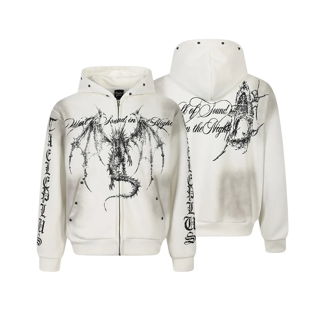 Felpa con Cappuccio Gotica Unisex con Zip, Effetto Lavato e Borchie, Cardigan con Finitura Spray, Top