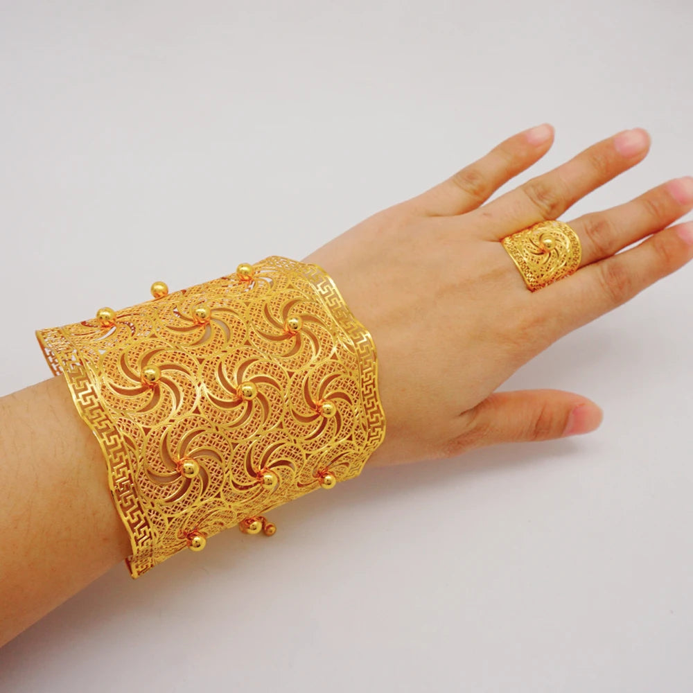 Bracciale color oro Dubai con anello per donna Bracciale con polsino a catena con ciondoli Bracciale indiano Arabo Francia Regali di gioielli da sposa
